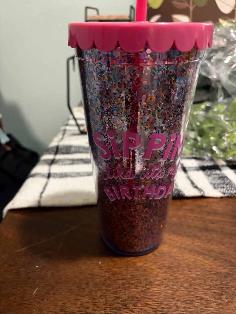 Never Used pink Glitter Birthday Sip Cup with Straw